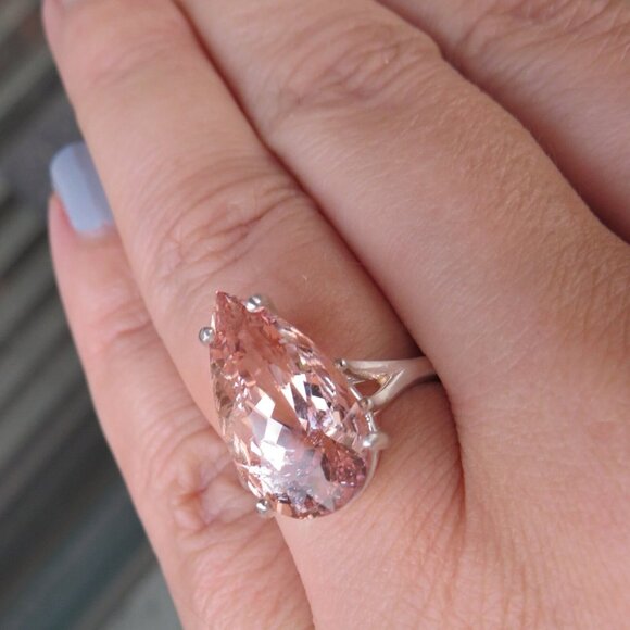 Rare Large Natural Salmon Pear Morganite Cocktail Ring In Sterling Silver 7.70ct - Picture 11 of 12